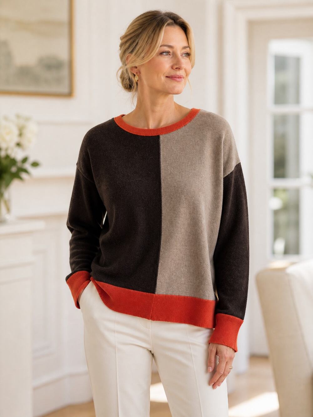 Autumn Cashmere Color Block Sweater Brown Tan Rust Size XS